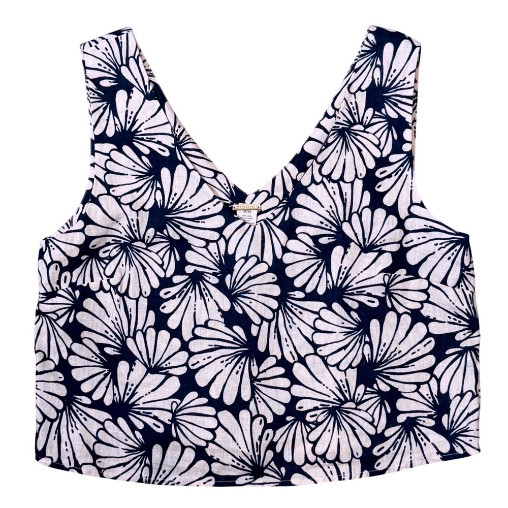 Magaschoni Coastal 100% Linen V-Neck Cropped Floral Tank (M) Navy Loose Fit Boho